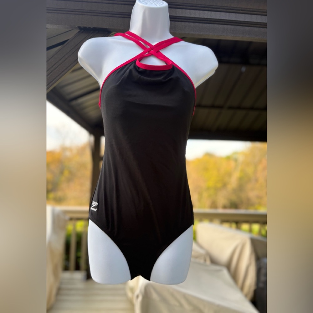 SPEEDO ENDURANCE Black and Red Cross-Back One-Piece Swimsuit, Size: S